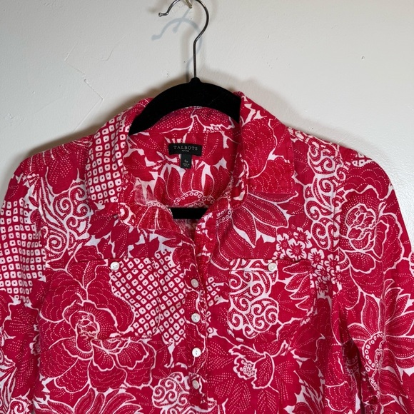 Talbots Long Sleeve Pink Floral Linen Shirt Size Small Petite - Picture 2 of 14